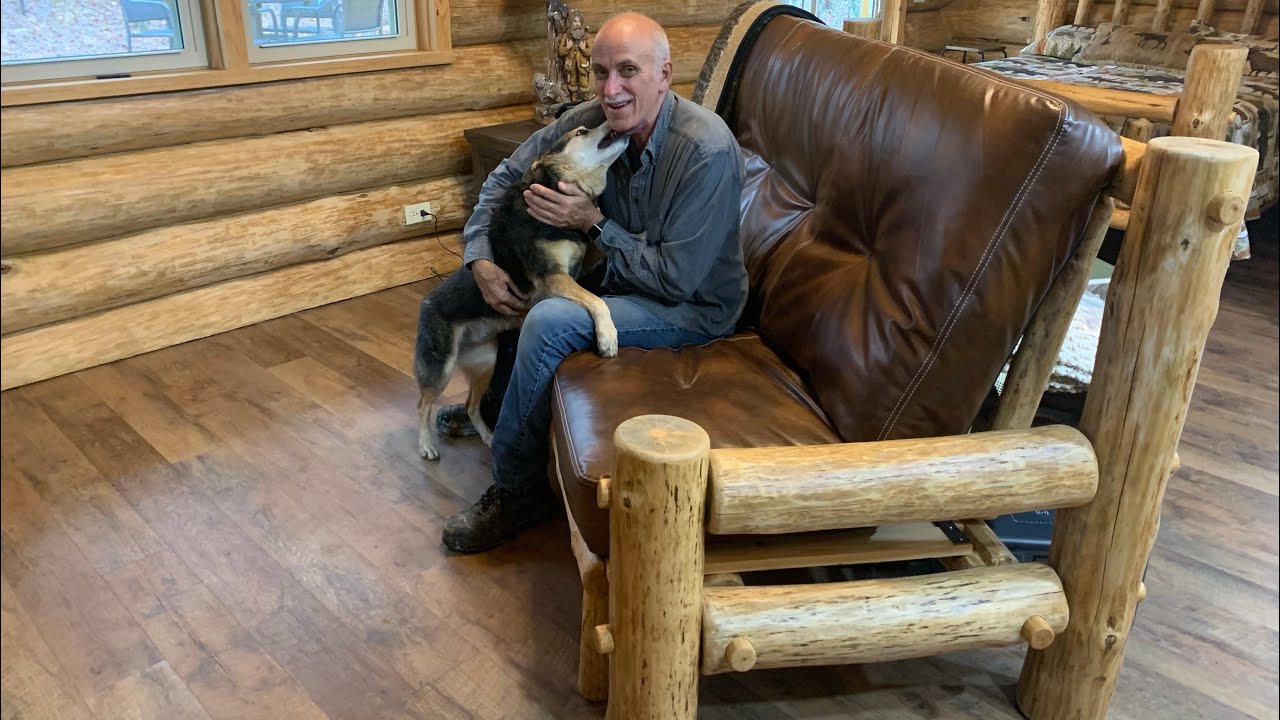 Log Cabin Build Part 35, building a log futon, handmade log furniture @Lance & Cinda Serafin