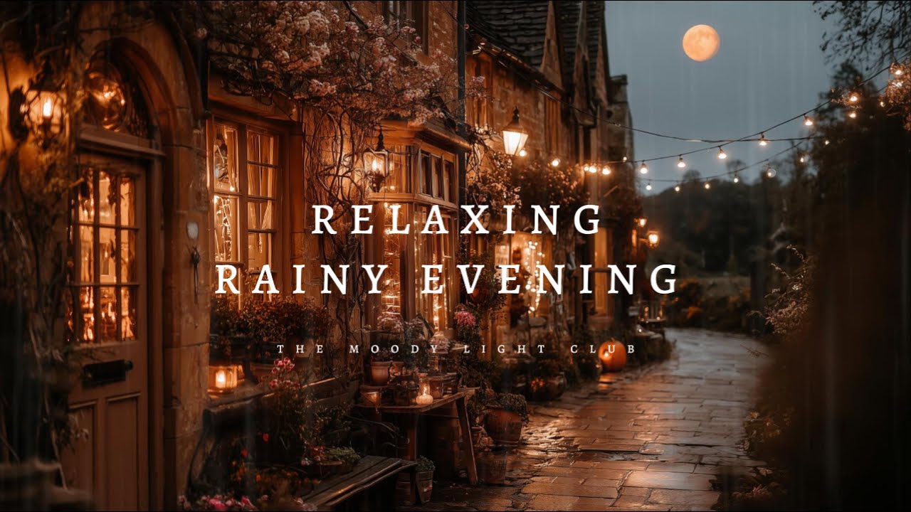 Cozy Rainy Cotswold Lane | Warm Cafe Windows & Autumn Ambience 🌙☕🍂