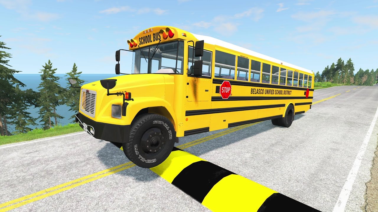 SCHOOL BUS, LONG BUS, TRUCKS Vs MASSIVE SPEED BUMPS - BeamNG.Drive