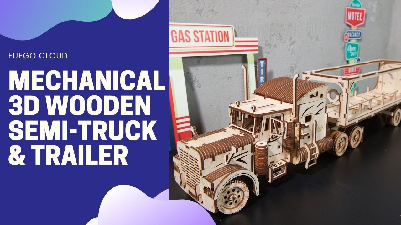Mechanical Wooden Semi-Truck & Trailer 3D Puzzle | Fuego Cloud