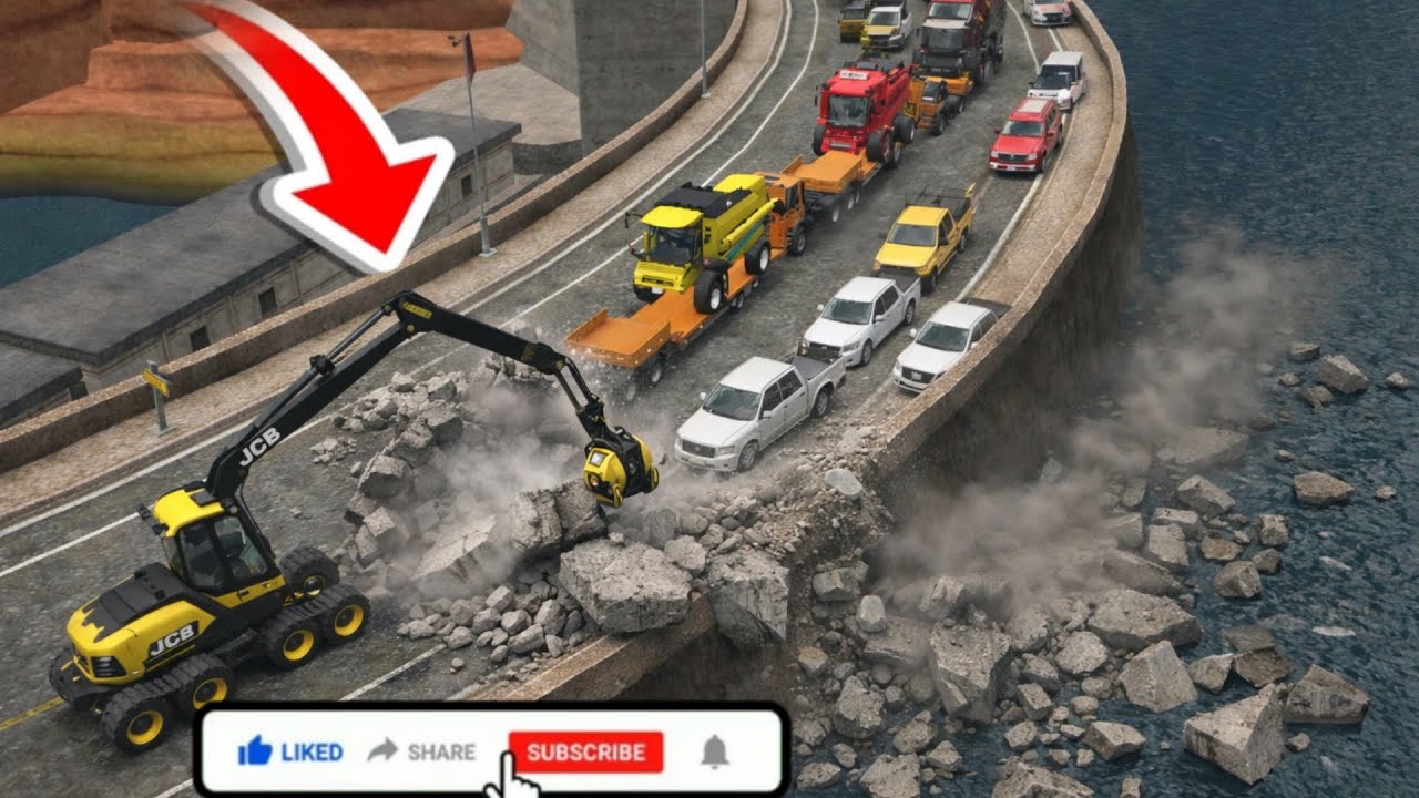 #fs18 @fs18 JCB Breaks Bridge Causing Massive Traffic Jam | Heavy Vehicles Stuck on Dam Road 