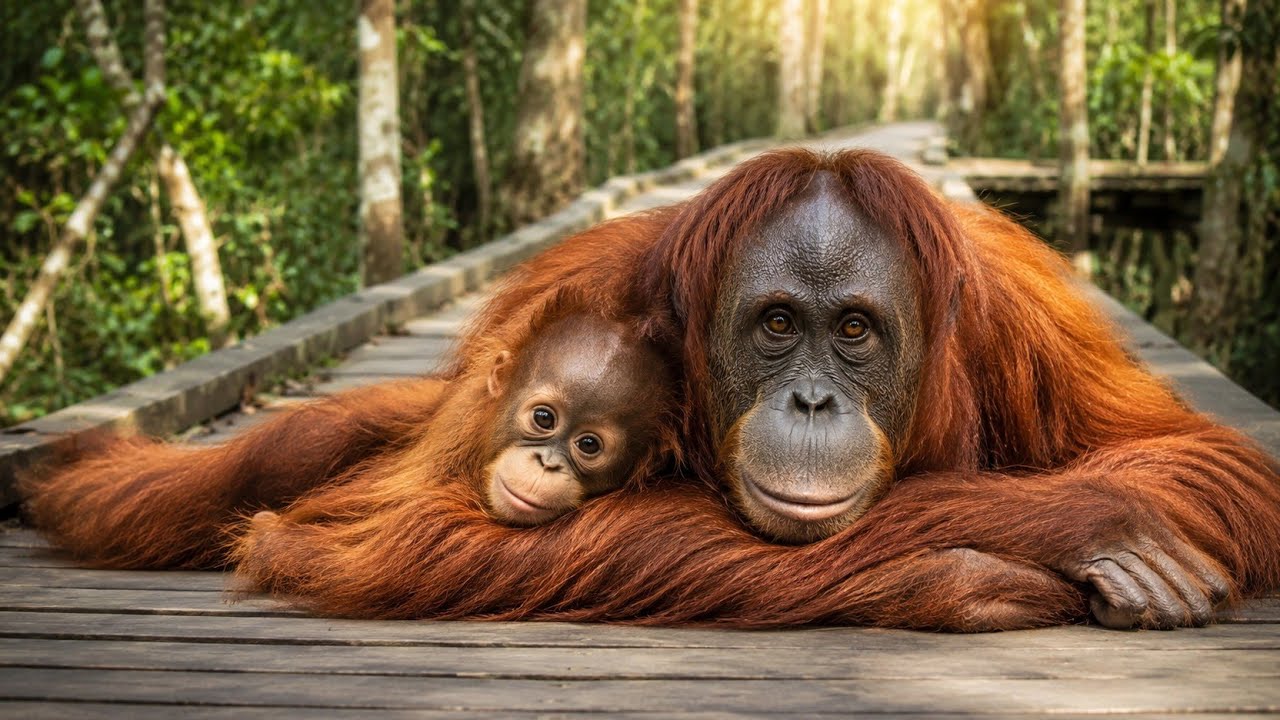 Orangutans chill on a path in Tanjung Puting National Park.