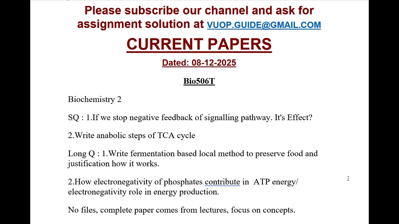 VU BIO506T Current Papers Mid term Exams Fall 2025 . Important Question for Midterm Exams