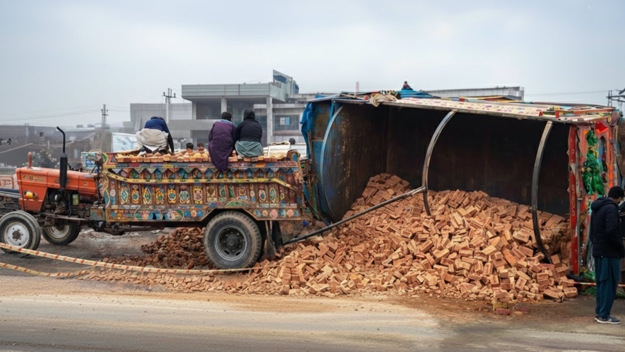 High-Speed Brick-Loaded Truck Loses Control, Overturns on Main Road | Traffic Severely Disrupted