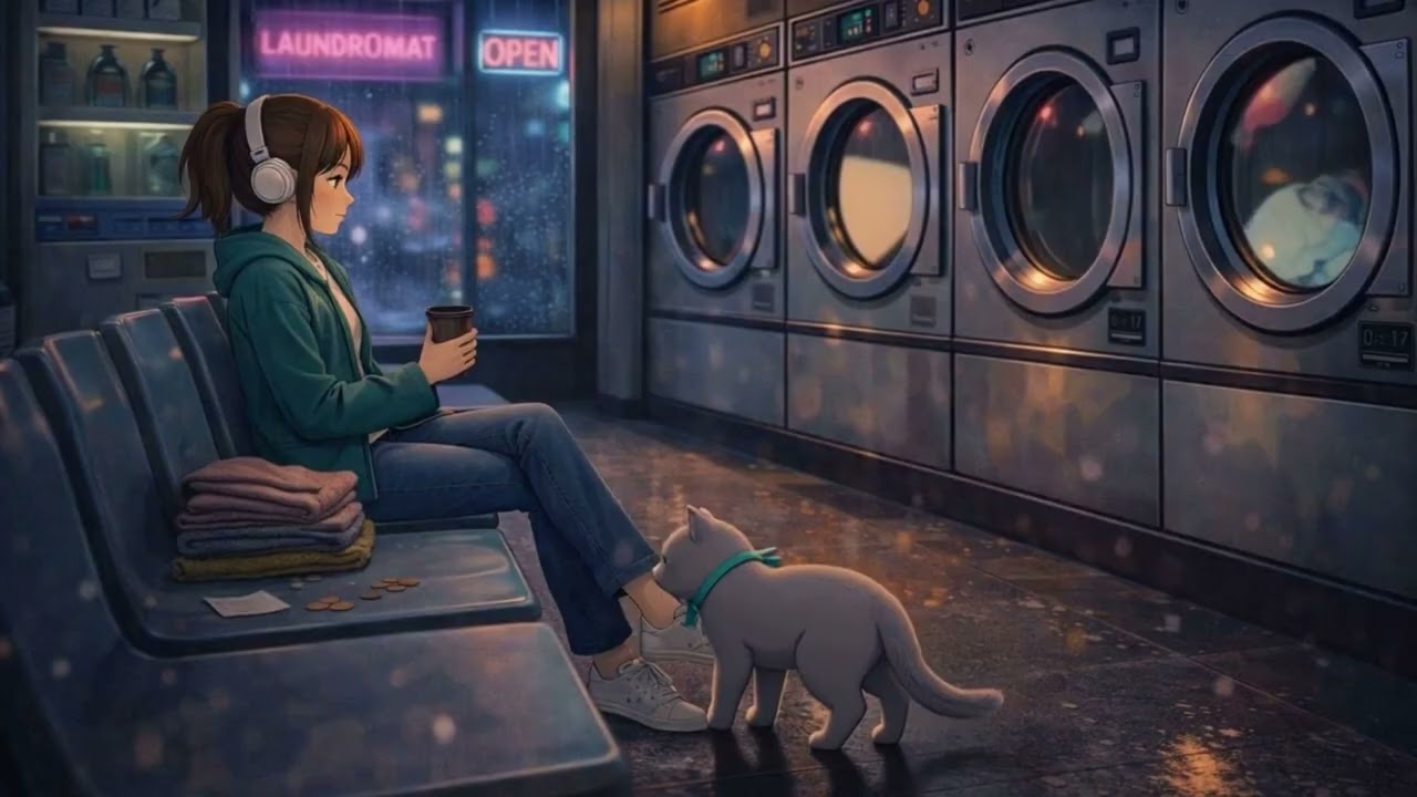 Tumble Dryer White Noise | Rainy Neon Laundromat | 1 Hour No Music (ASMR)