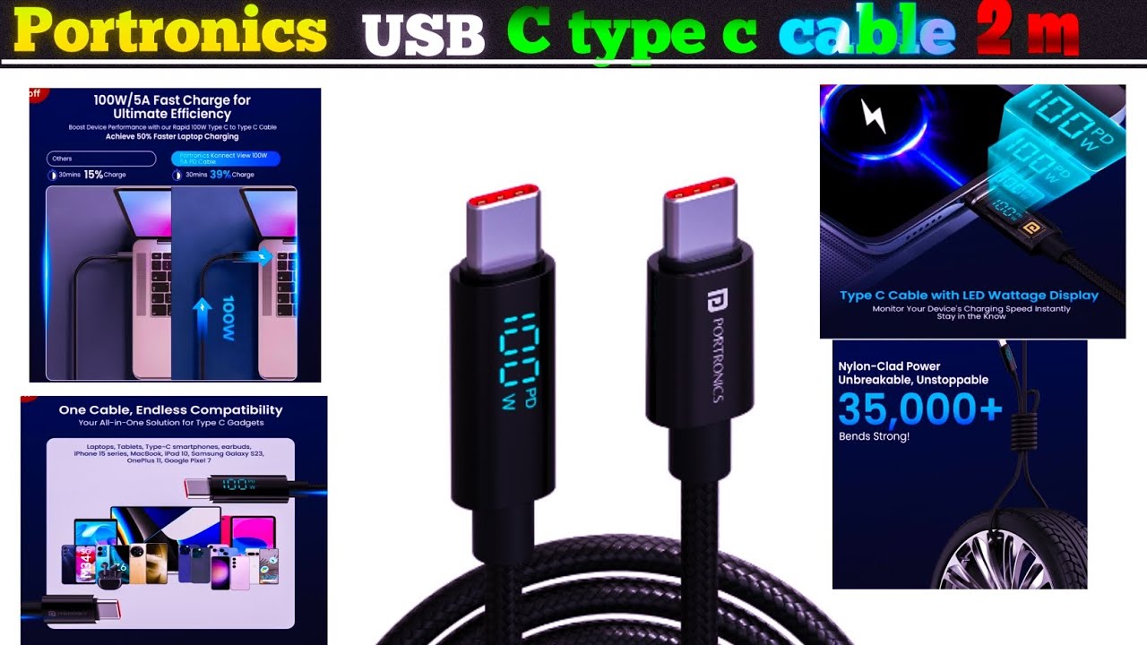 Portronics Konnect View 100w cable LED Display Fast data Transfer Type C to Type C  Unboxing 🤯