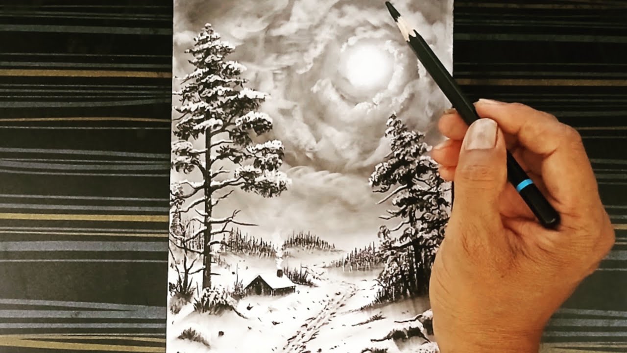 How to draw moonlight night mode winter snowy village landscape scenery for beginners.