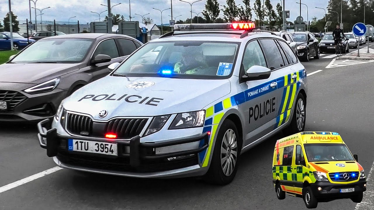 *Red & Blue* Czech Police Cruiser + Ambulance responding on lights and sirens