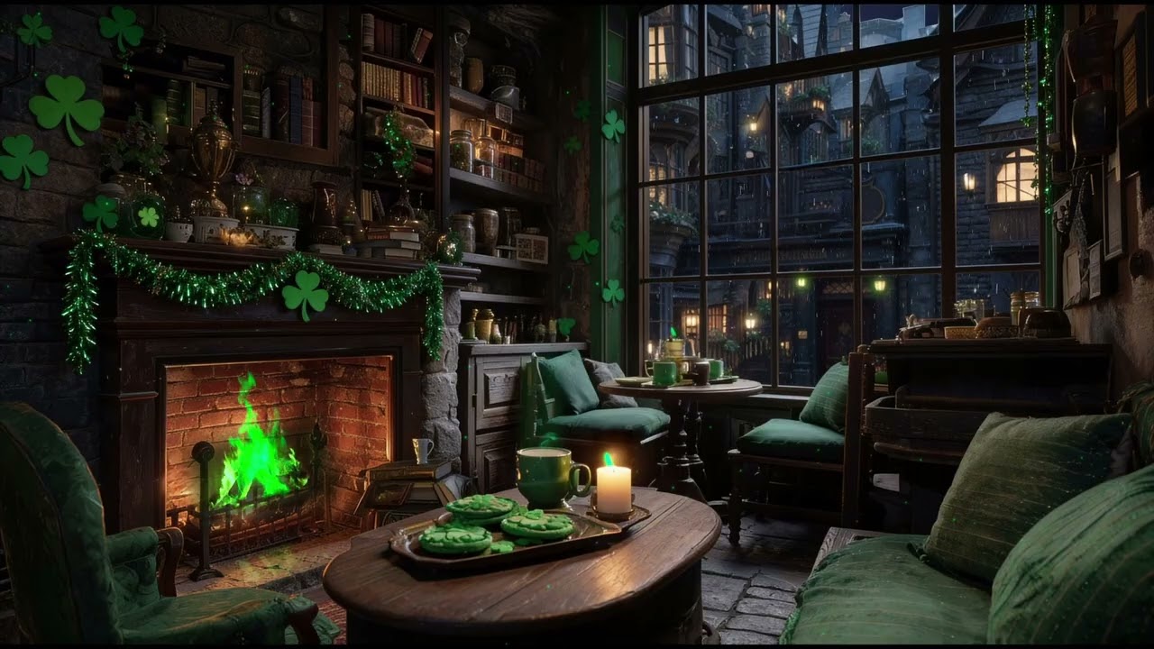 St Patrick’s Day in Knockturn Alley Ambience: Moody Celtic Music, Rain & Fireplace (Harry Potter)