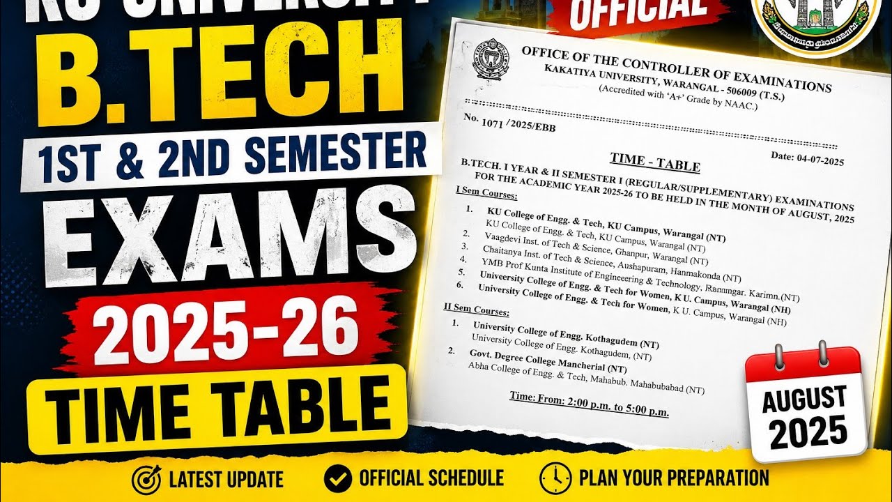 Ku university B.Tech 1-2 Sem Exam Time table release 2025-2026/ self center list