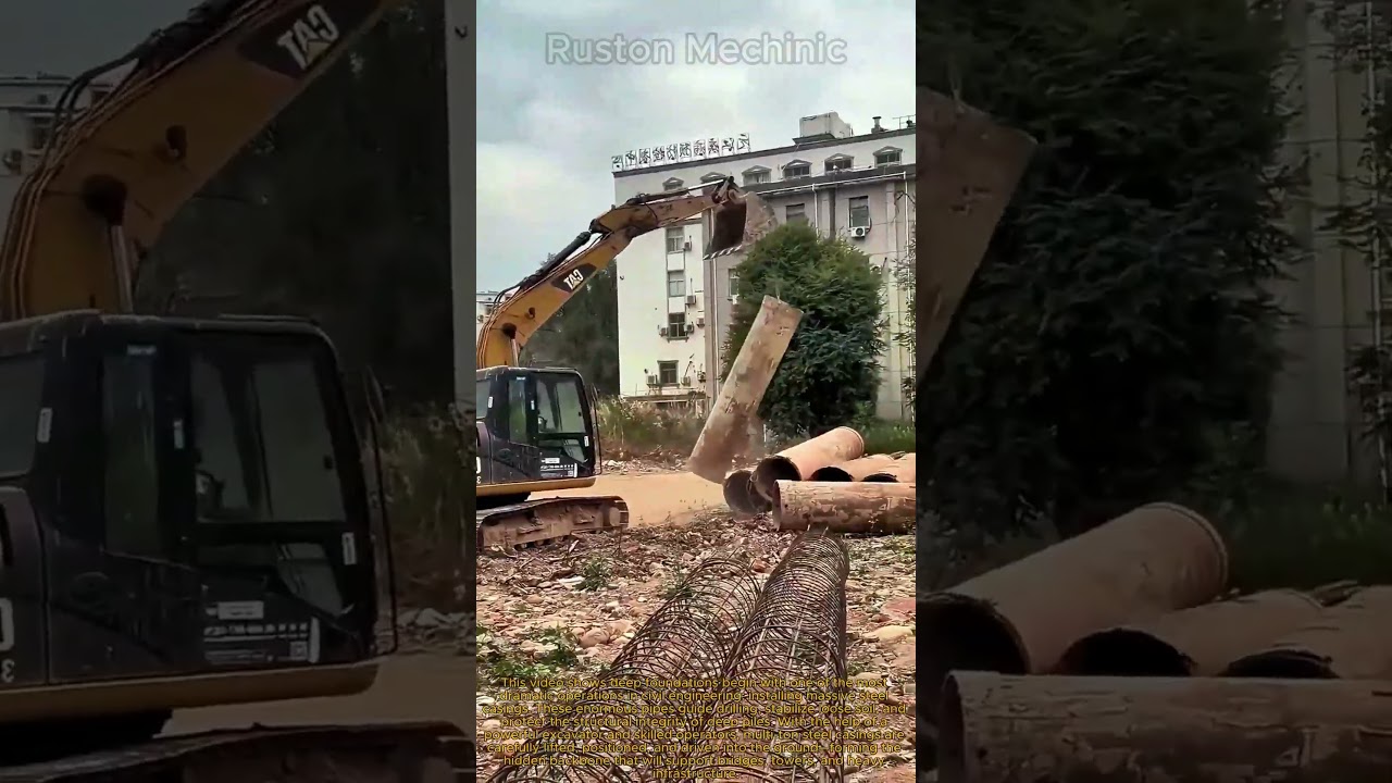 Massive Foundation Work CAT Excavator Handling Giant Steel Casings