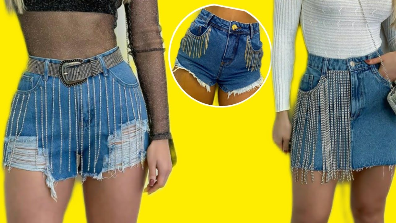 2 transformações de calça jeans|| transformei uma  calça em uma saia e um short com strass😱