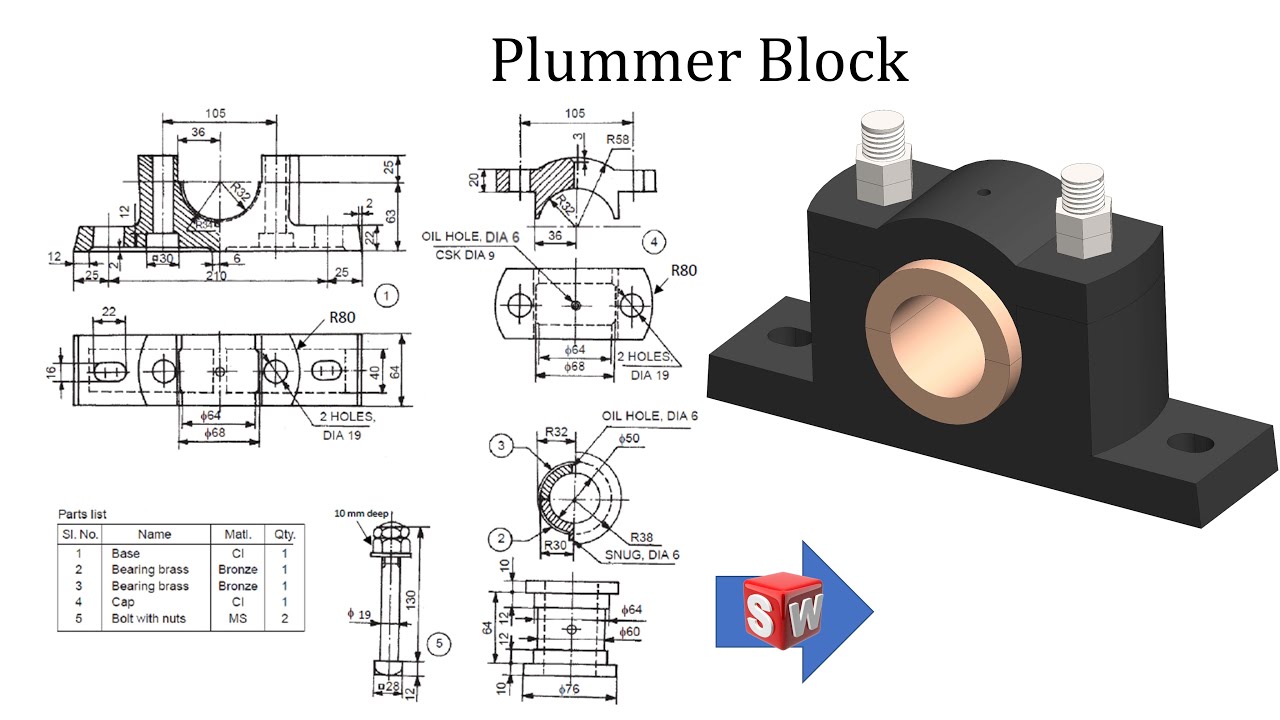Plummer Block using SOLIDWORKS | Parts and Assembly | SOLIDWORKS tutorials for beginners