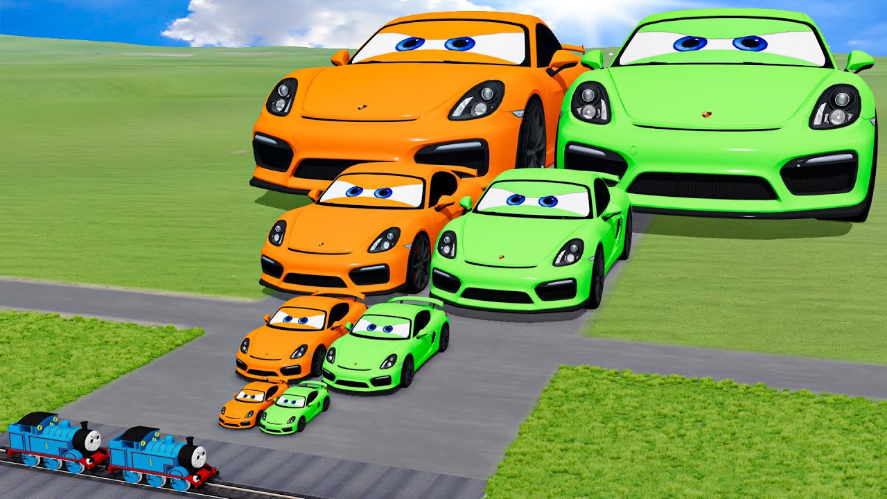 Big & Small Colors Porsche Cars Lightning Mcqueen VS Train Thomas | BeamNG.drive
