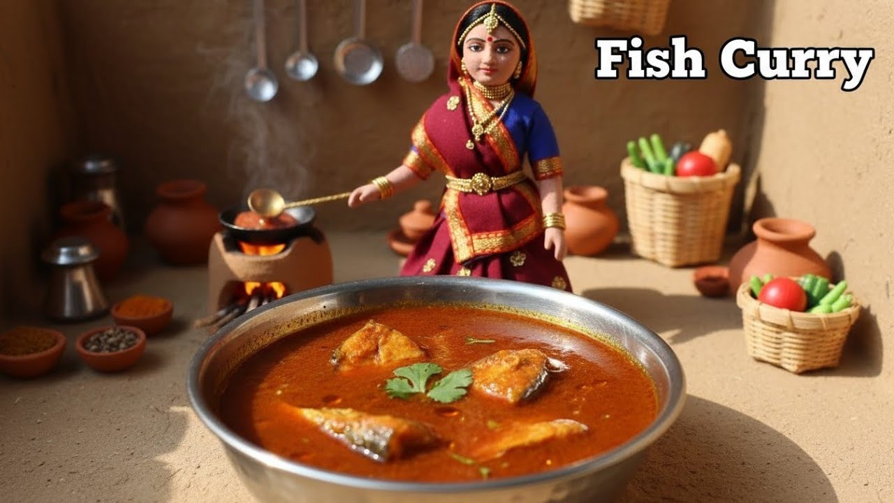 Miniature Doll Fish  Curry Cooking ASMR | Indian Village Tiny Kitchen Cooking
