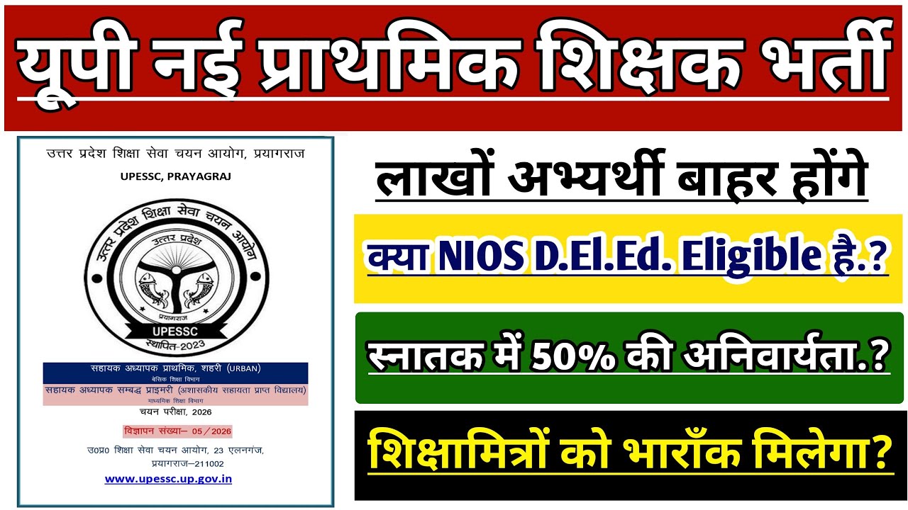 UP Primary Teacher Vacancy 2026 | PRT Supertet New Rules: NIOS D.El.Ed, 50% Graduation & Shiksham...
