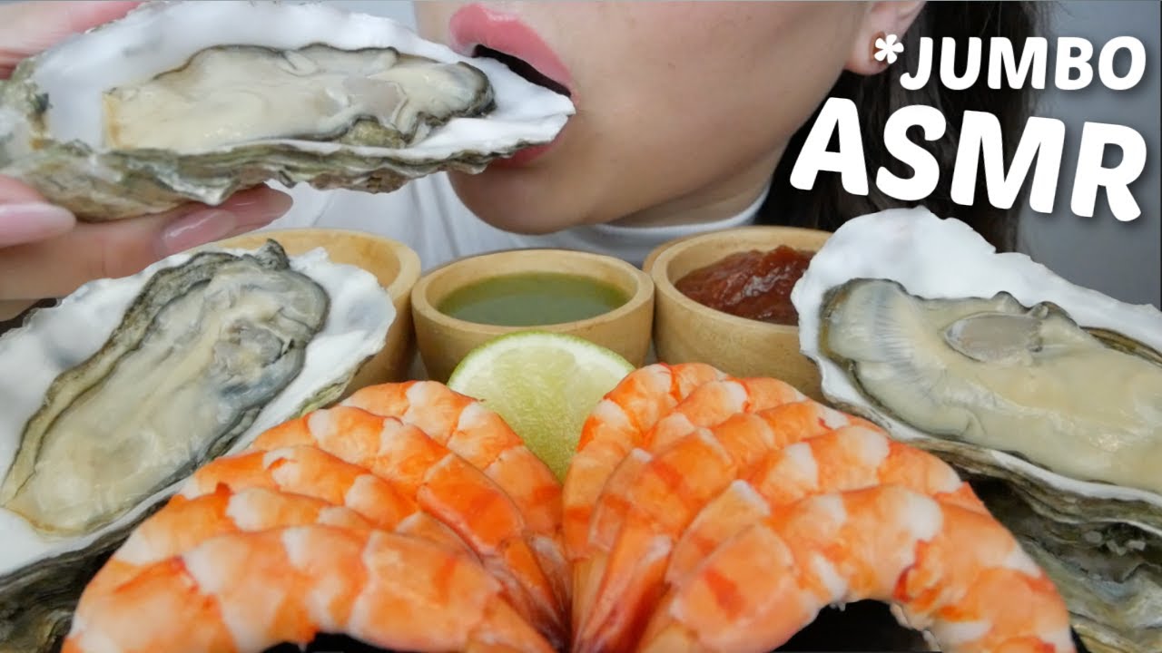FRESH JUMBO OYSTERS with Jumbo Cocktail Shrimp *No Talking Relaxing Eating Sounds | N.E Let's Eat