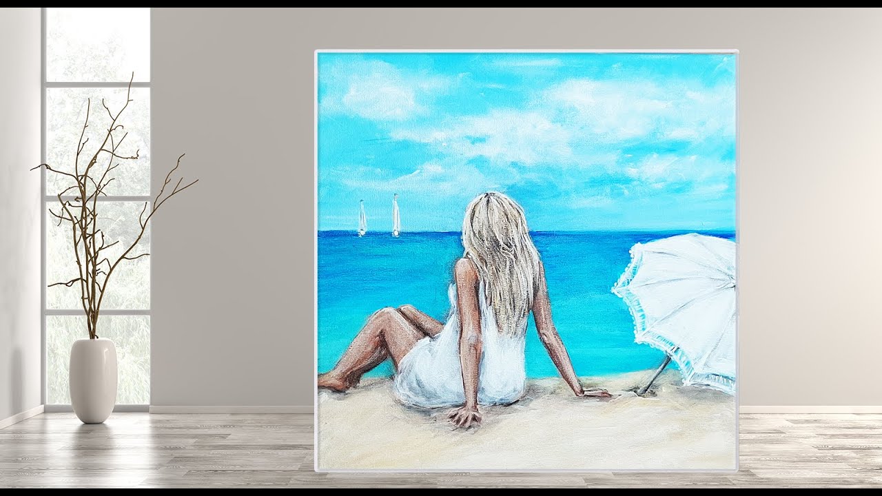 How To Paint Girl On Beach / Acrylic Painting on Canvas/ Step by Step /MariArtHome