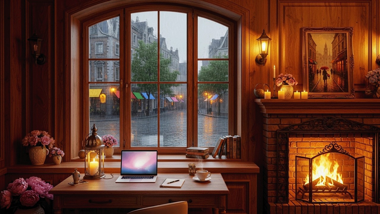 Rainy Window Cafe ☕ Soft Piano Music with Fireplace for Relaxing