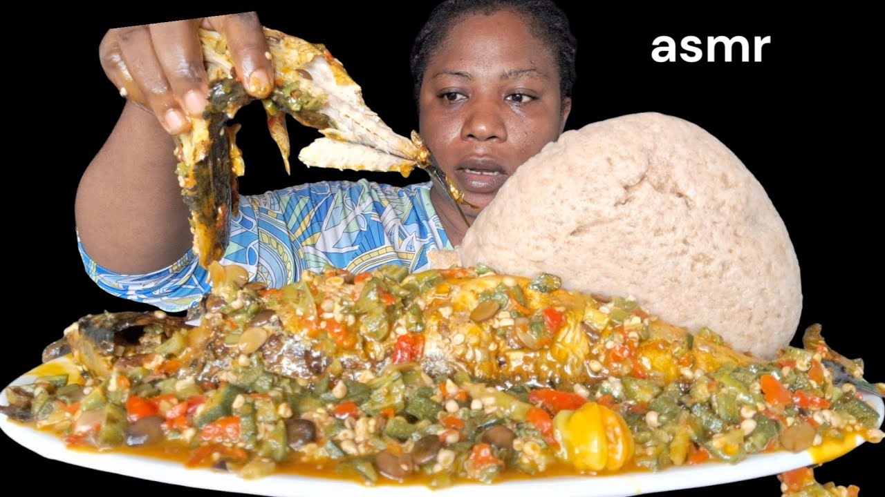 African food mukbang/ wheat fufu and okra soup with mackerel fish / (eating Sound ASMR)