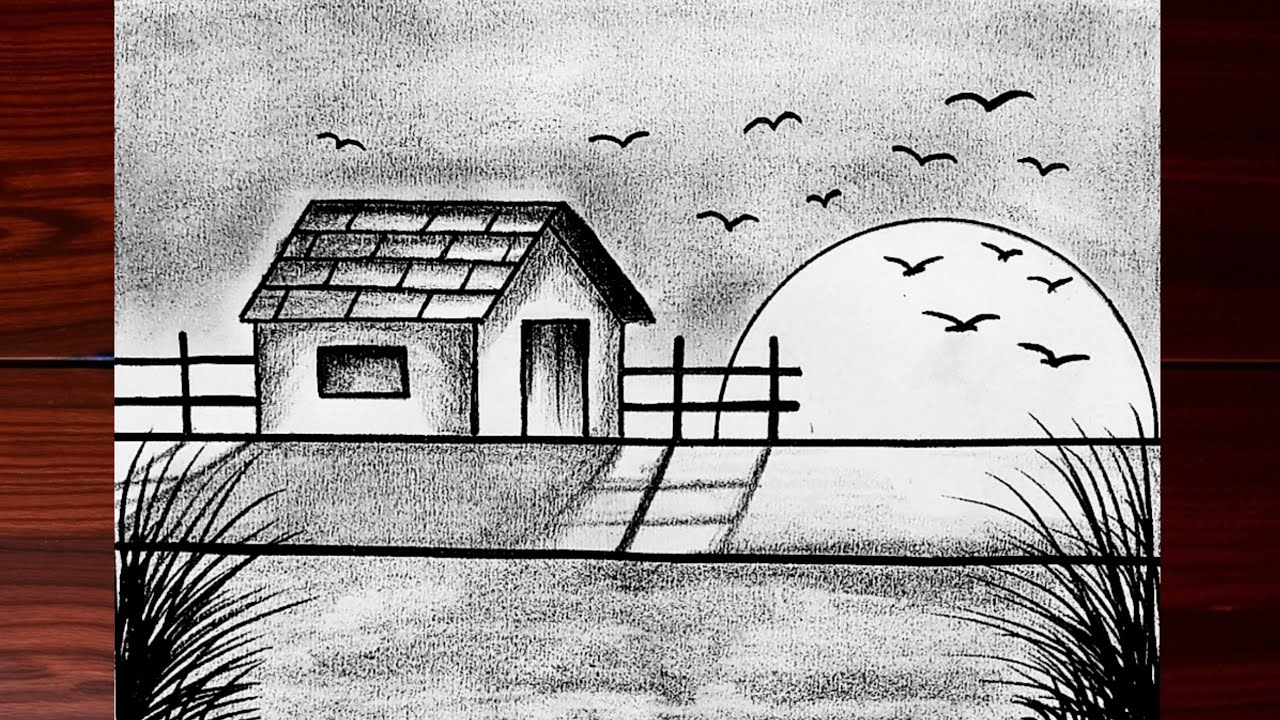 How to Draw a House with Sunset Sea Beach  || Easy Pencil Drawing || Step by Step Art Tutorial 