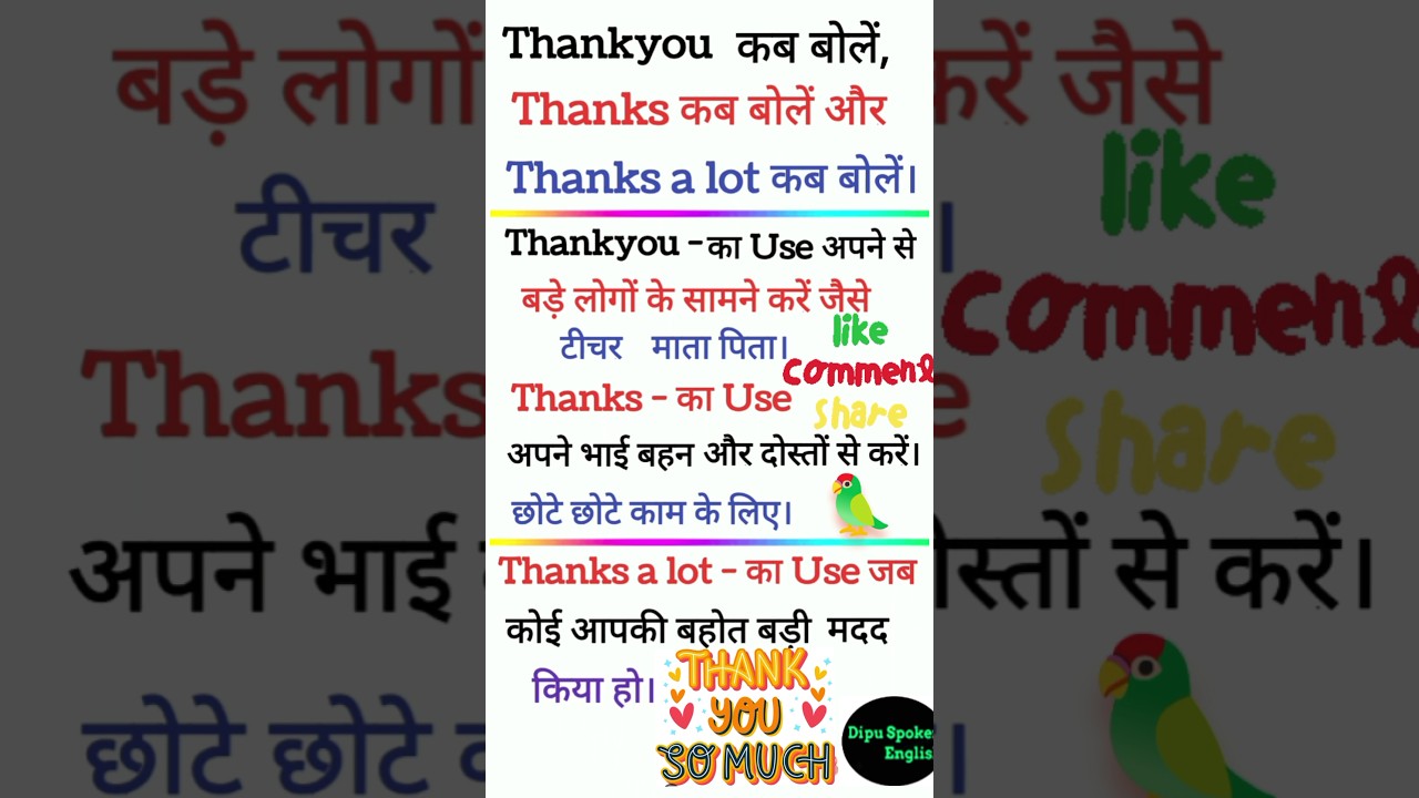 Thankyou, Thanks And Thanks a Lot कब और किससे बोलना चाहिए। #shorts #viral #shortsfeed #english #new