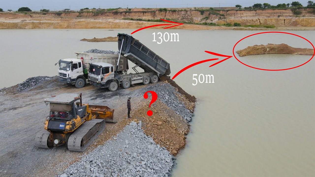 Great Operator Bulldozer Push Stone with Truck Transport Stone Build Road Connect Around the Ground