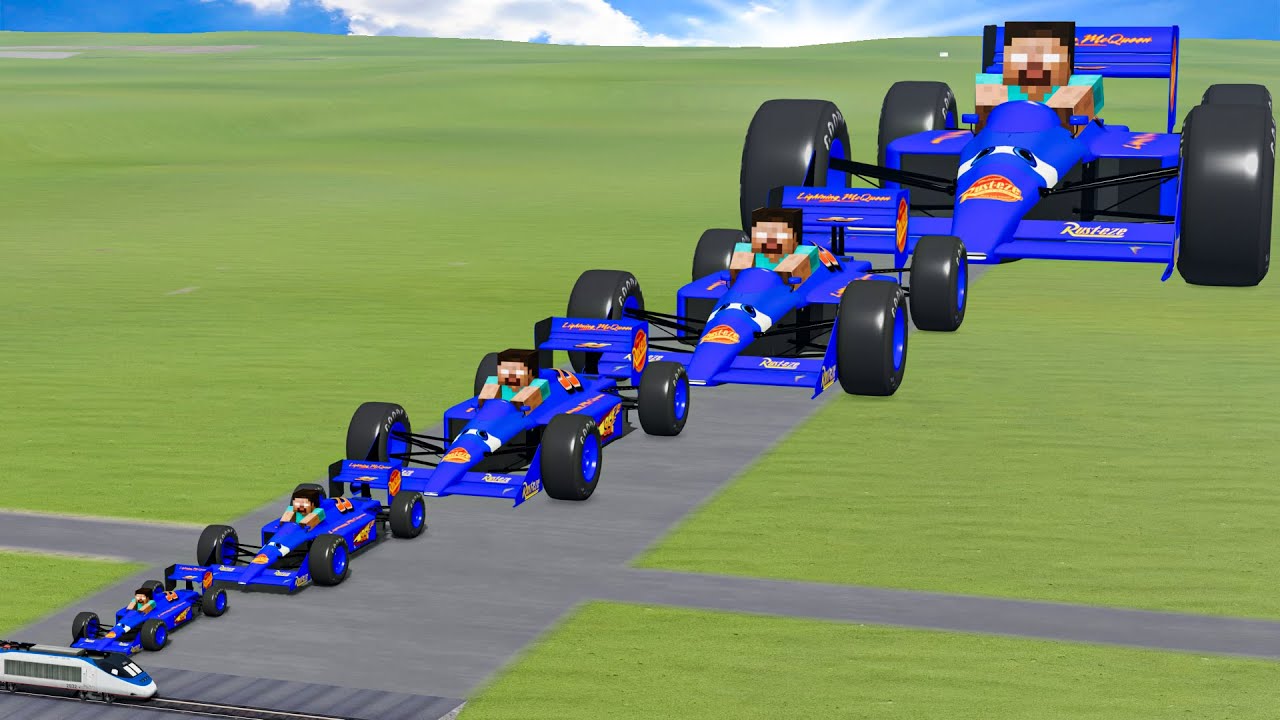 Big & Small Blue F1 Herobrine Lightning Mcqueen vs Trains Thomas | BeamNG.Drive