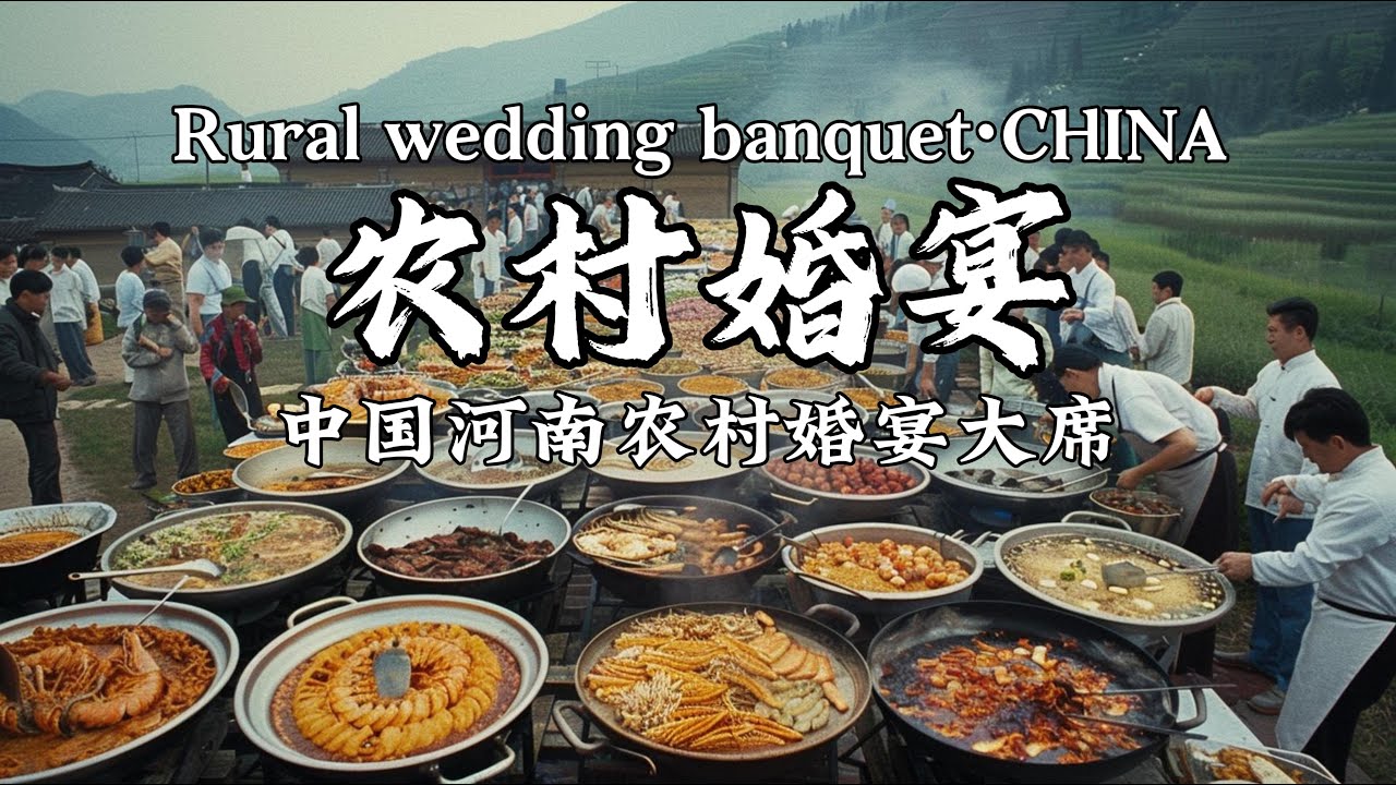 中国河南农村婚宴大席制作现场，27个菜350元，酱肘子/河南扣肉/半个猪头/糖醋鱼/烧鸡/蒸排骨/霸王别姬/酱牛肉/各类甜汤咸汤滚蛋汤   Rural wedding banquet&middot;CHINA