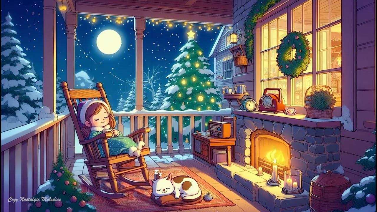 silent snowy christmas night with 1930s oldies playing in another room (fireplace sounds)