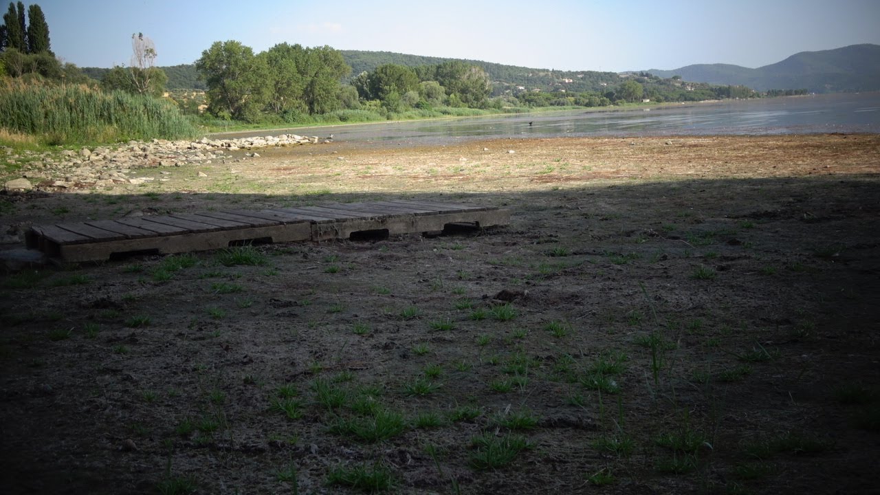 Siccità in Umbria, erba dove c'era l'acqua del lago Trasimeno