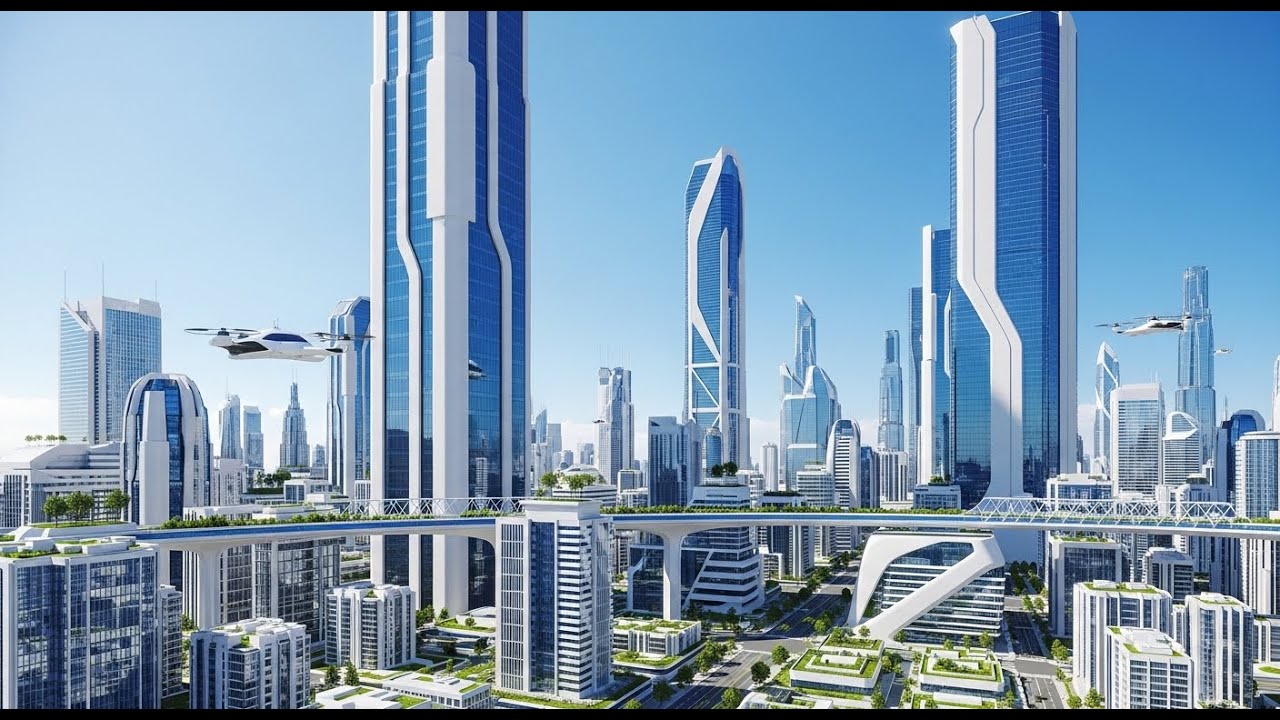 futuristic daylight city 2125 ai smart metropolis 4k