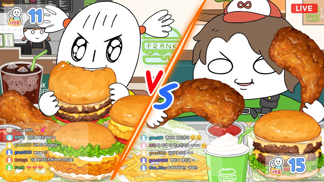 미니 vs 바비의 먹방 라이브 대결! (프랭크 버거 3종, 자이언트 통닭다리) FRANK BURGER Mukbang! Animation ASMR /foomuk
