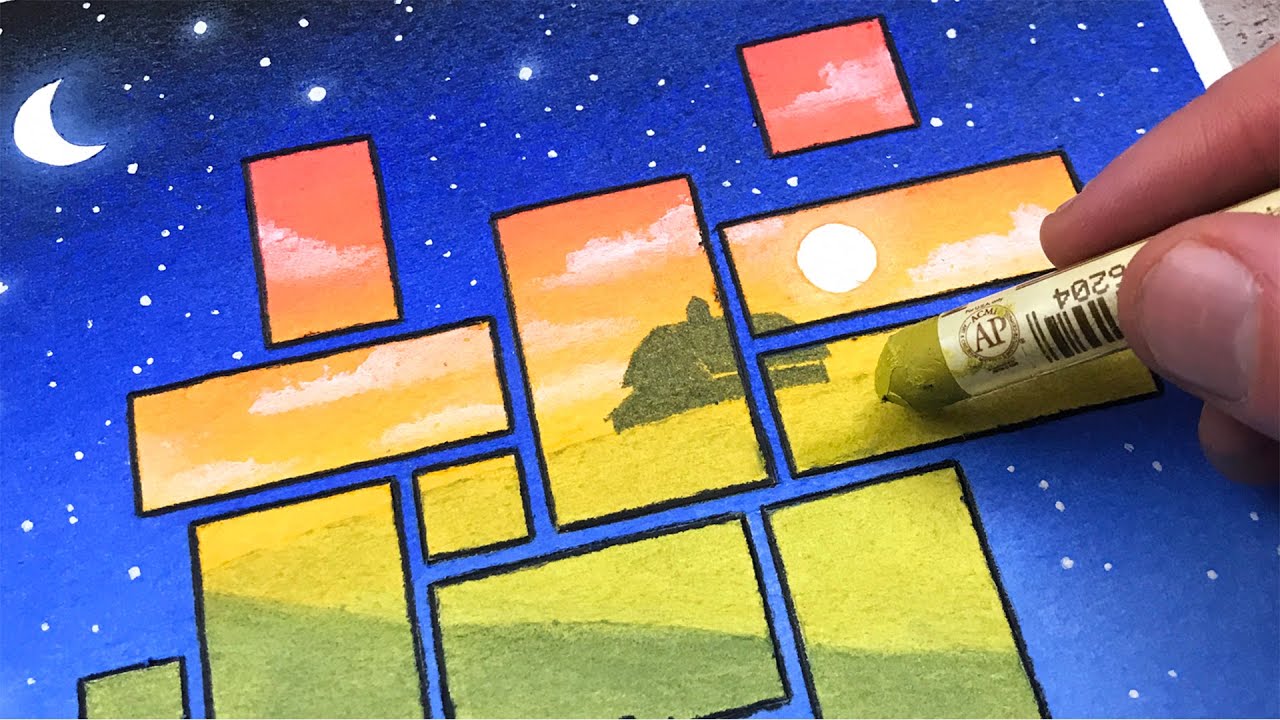 Tape stencil + pastel gradient (day to night) 🌙☀️ #tape #oilpastel #drawing #tutorial #easy #art