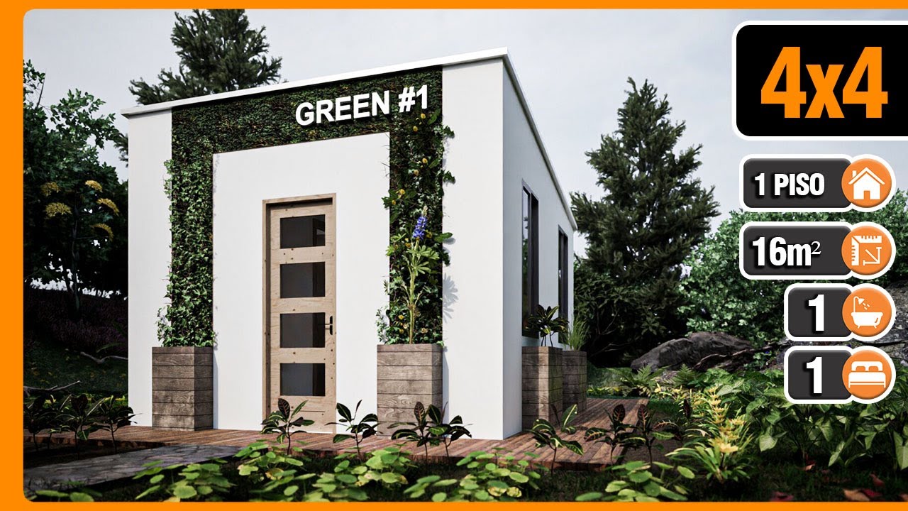 Plano de CASA 4x4 🏡 Pequeña y ECOLÓGICA ♻️ | monoambiente TINY HOUSE 4x4 16 m2 | SMALL HOUSE 16sqm