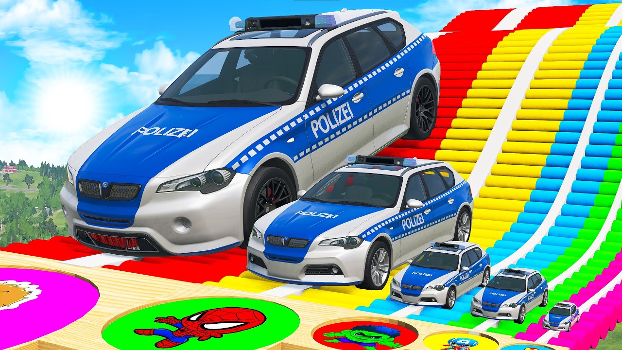 Giant & Small Police Car vs Portal Trap with Slide Colors – Cars vs Trains – BeamNG.Drive
