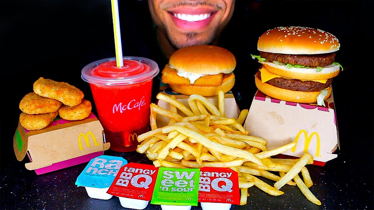 ASMR EATING MCDONALDS CHICKEN NUGGETS BIG MAC FISH FILLET MINUTE MAID SLUSHIE BIG BITES MUKBANG