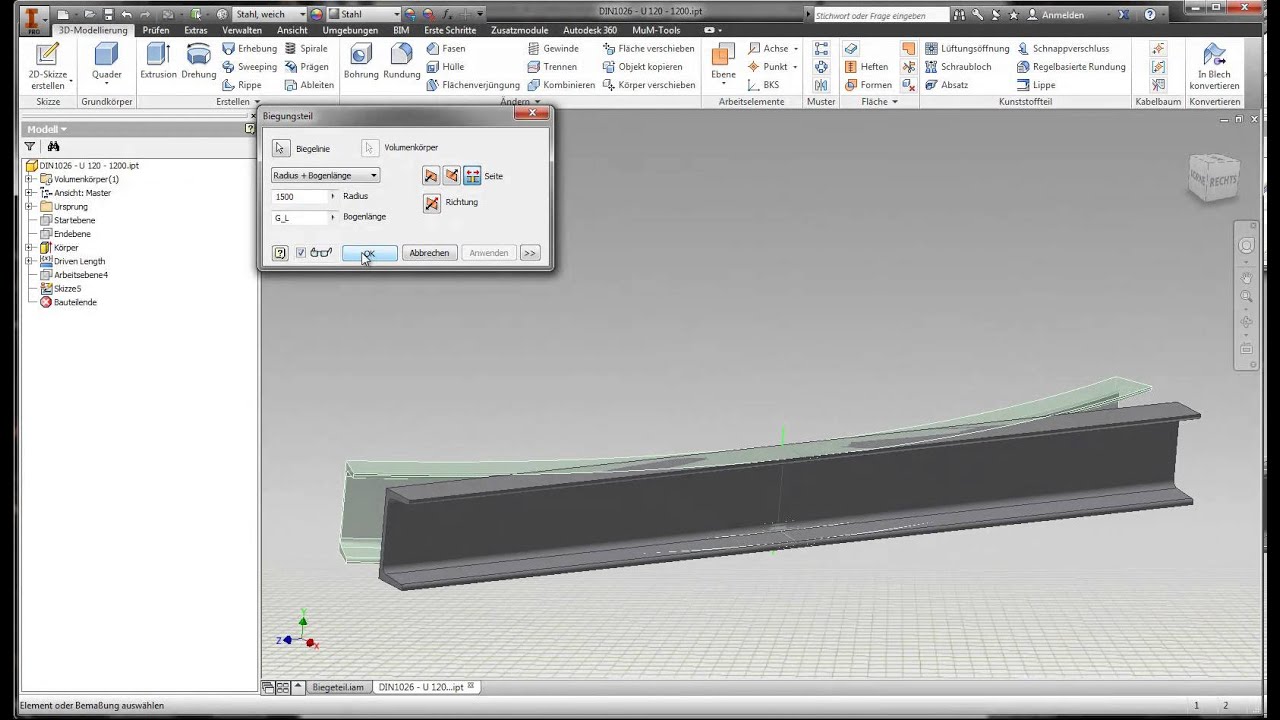 Autodesk Inventor: Biegeteil aus Inhaltscenter Profil mit Abwicklung