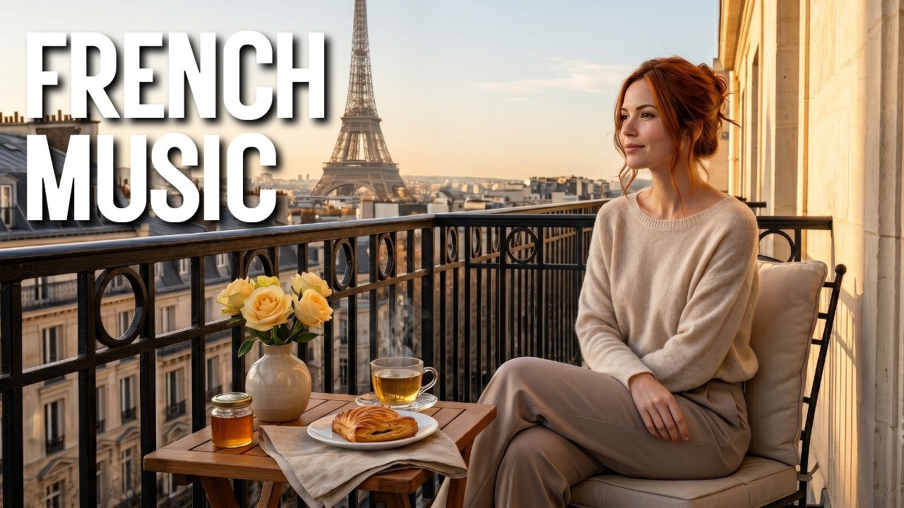 French Music Morning ☕ Paris Balcony Ambience with Eiffel Tower View | Morning Muse