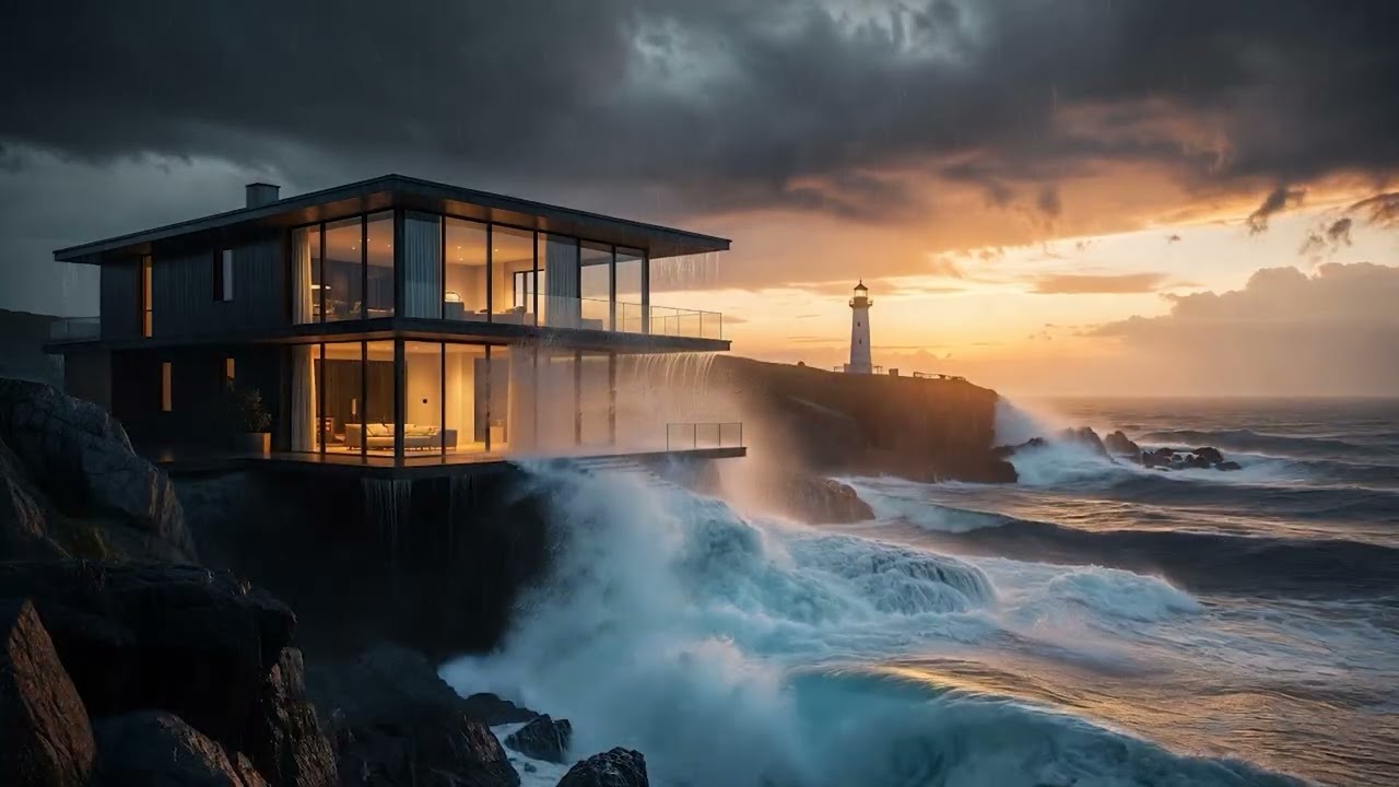 Luxury House on Cliff Ambience for Sleeping | Golden Sunset Waves for Sleep & Study