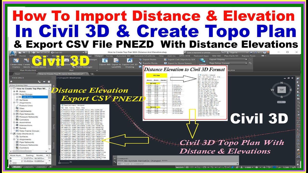 How to Import Distance & Elevations in Civil 3D & Create Topo Map.| Export  CSV PNEZD File.