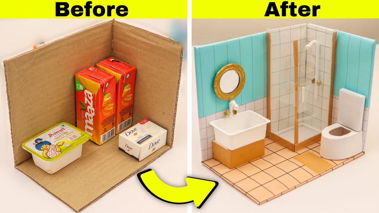DIY Miniature bathroom with waste things || How to make dollhouse bathroom easy @Craftube4u