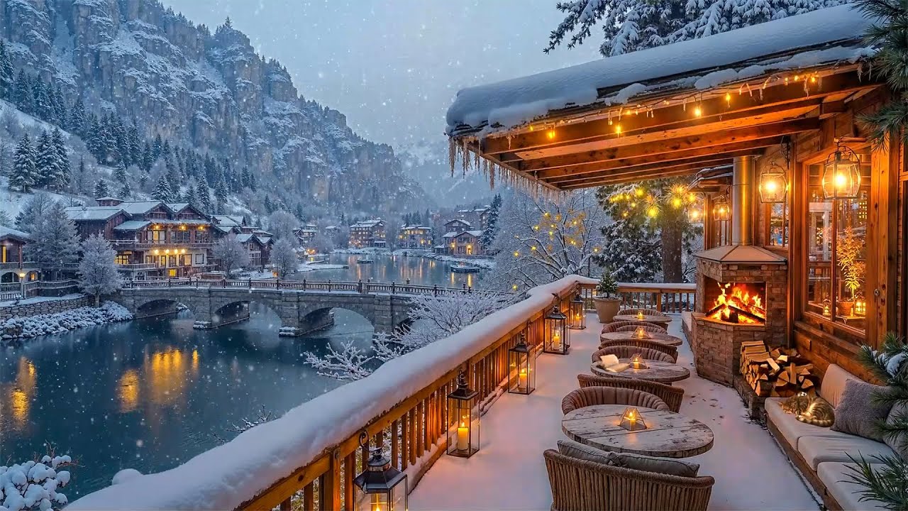 Cozy Winter Coffee Terrace with Nostalgia Jazz, Snowy Night Vibes , Warm Fireplace & Mountain Views