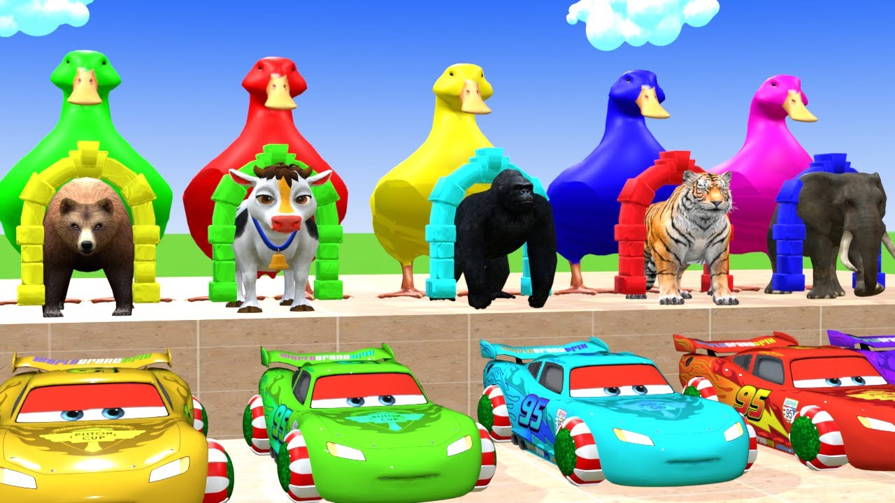 Длинная горка с коровой, слоном, гориллой, бегемотом, тигром, 3D-игра с животными, забавные 3D-жи...