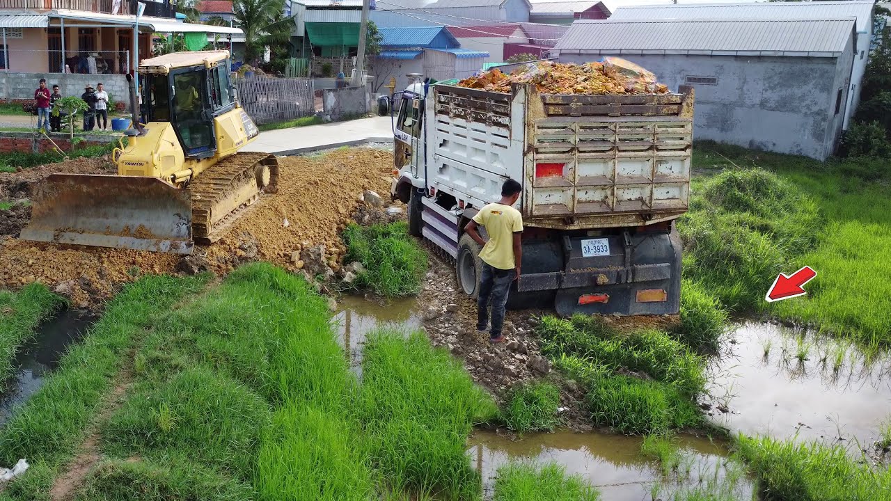 Perfectly Processing Landfill By Dump Truck & Skillful Bulldozer Pushing Soil into Farmland Mix VDO