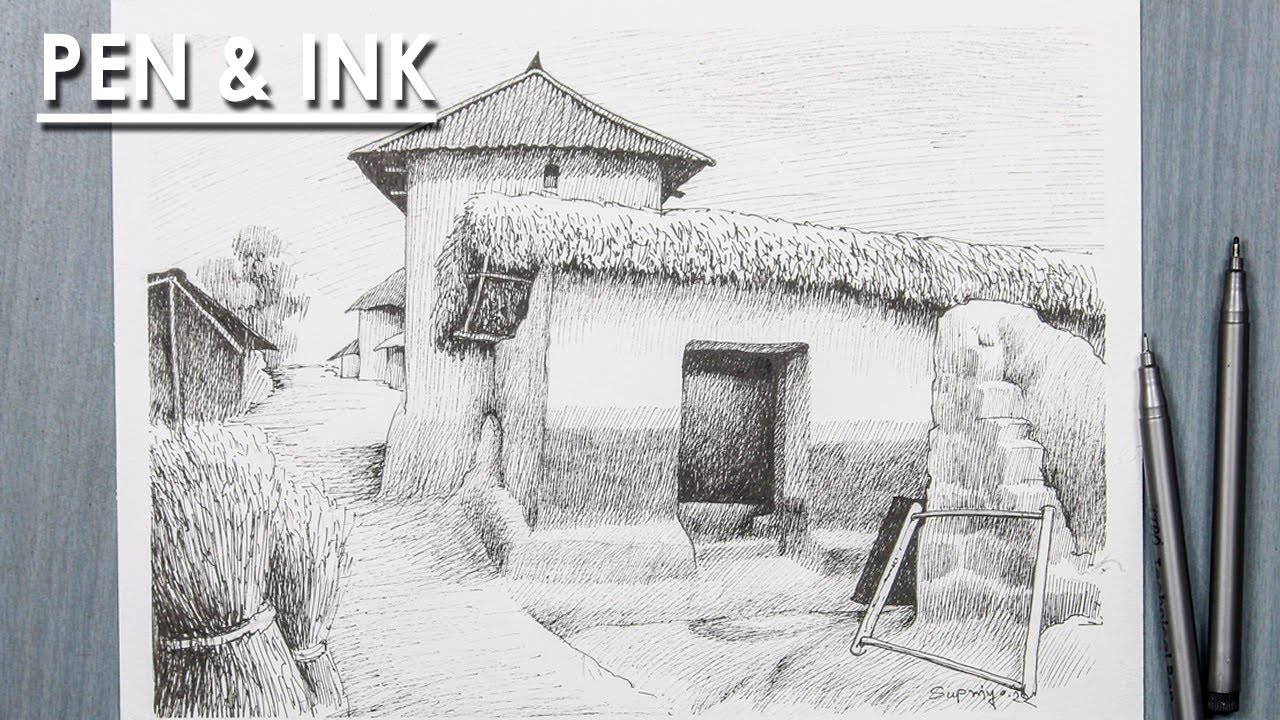 Pen and Ink Sketching : Village Scene Composition | steps to follow