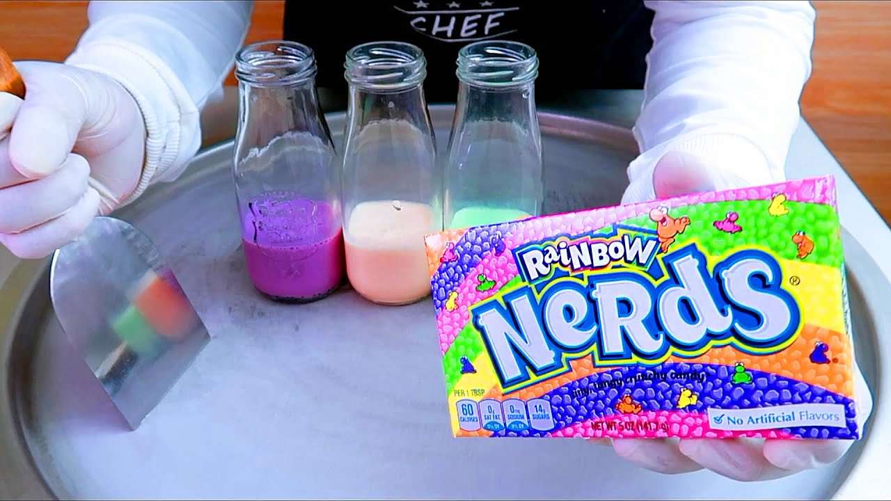 Rainbow Nerds Candy ice cream rolls street food - ايسكريم رول على الصاج حلوى نيردز