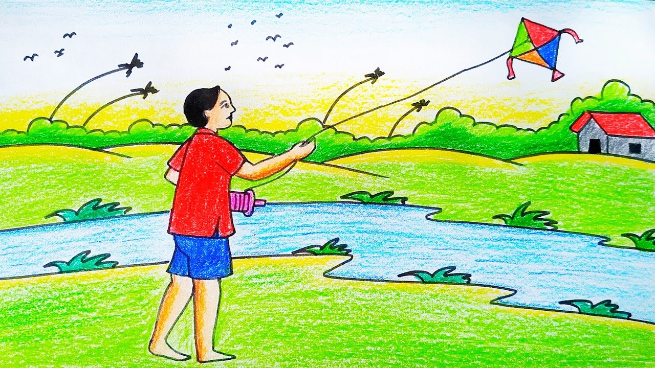 Makar Sankranti Drawing|How To Draw Kite Flying Easy Scenery For Beginners|Pongal Drawing