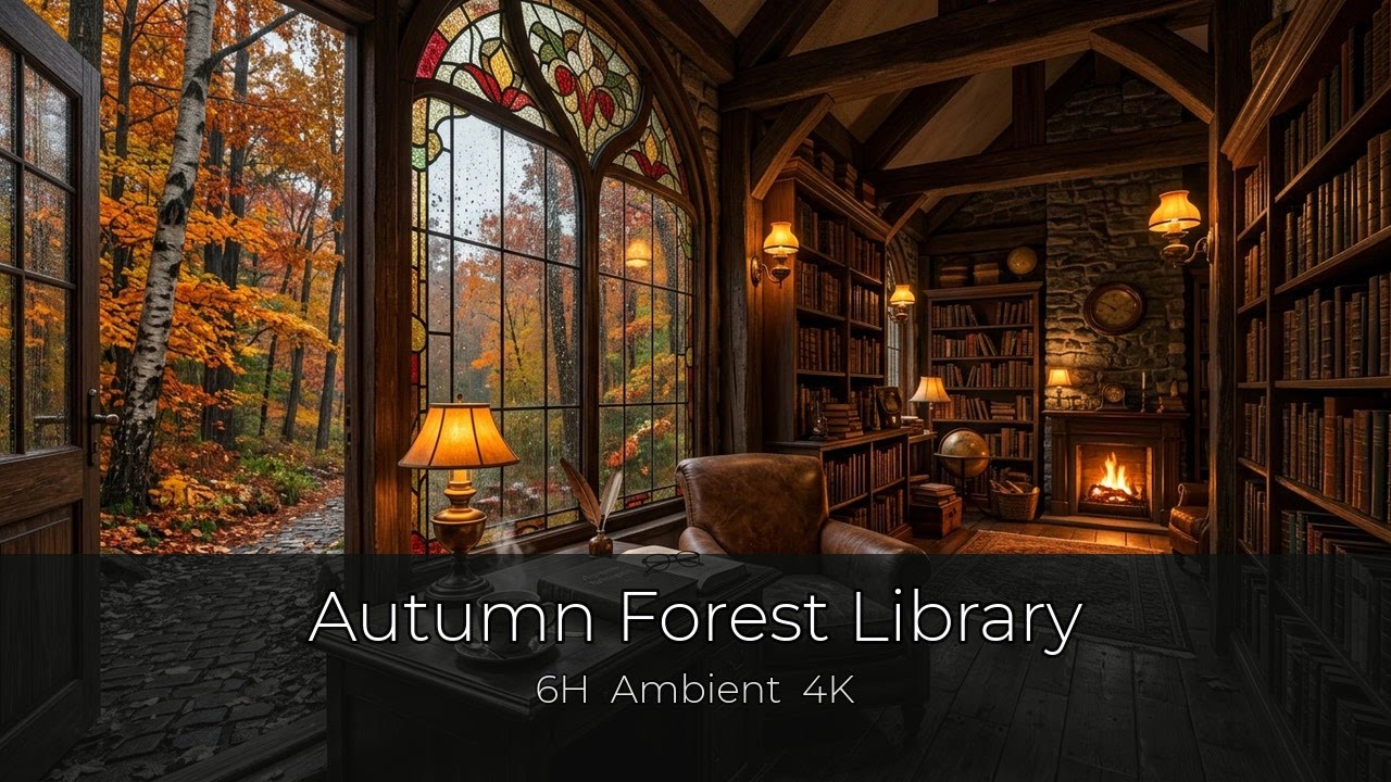 Autumn Forest Library Ambience | 6 Hours | Rain & Jazz for Sleep, Study, Relaxation