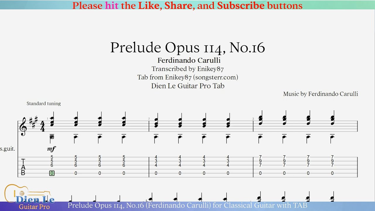 Prelude Opus 114, No.16 (Ferdinando Carulli) for Classical Guitar with TAB
